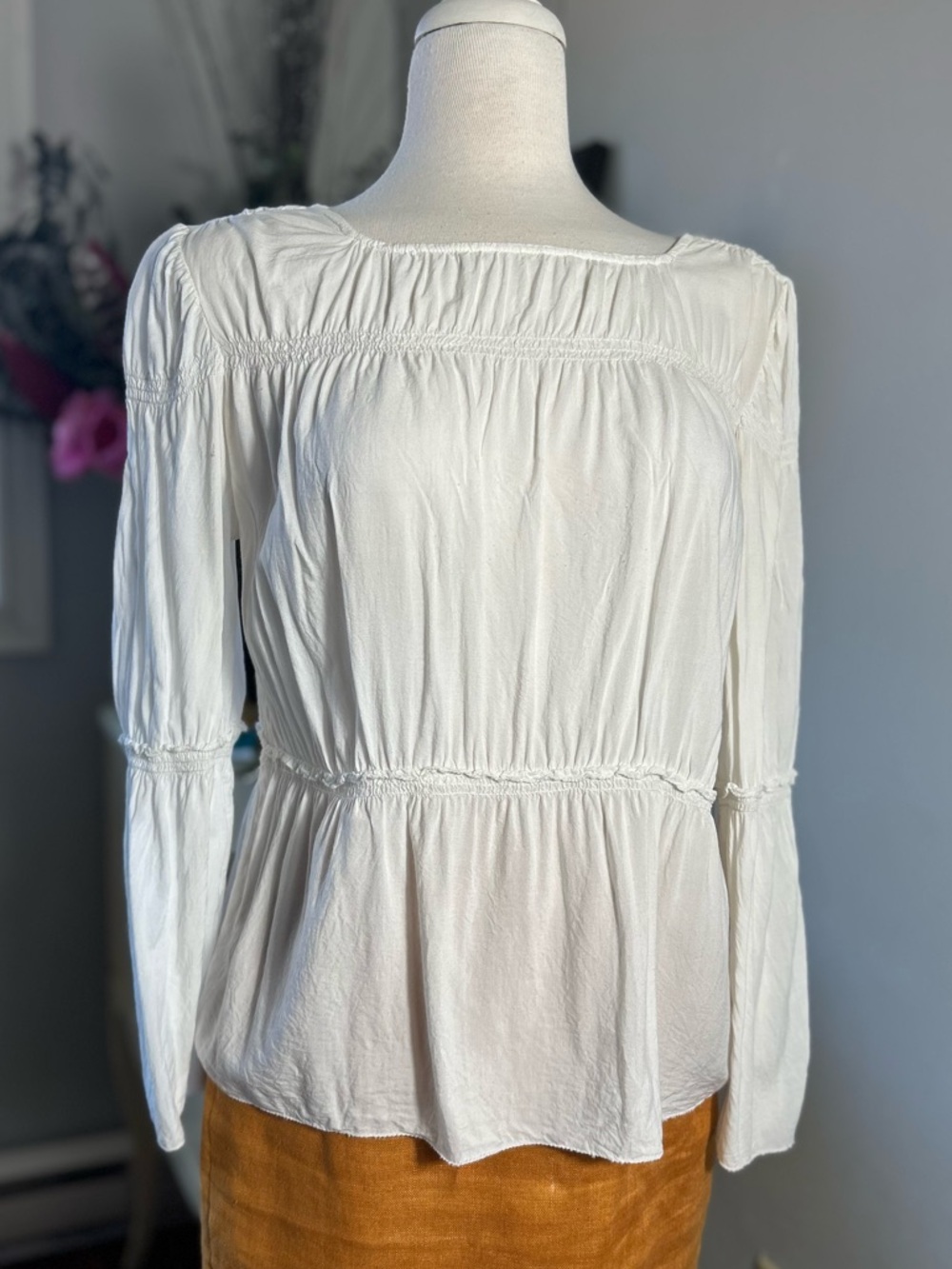 Calvin Klein White Smocked Peplum Long-Sleeve Blouse